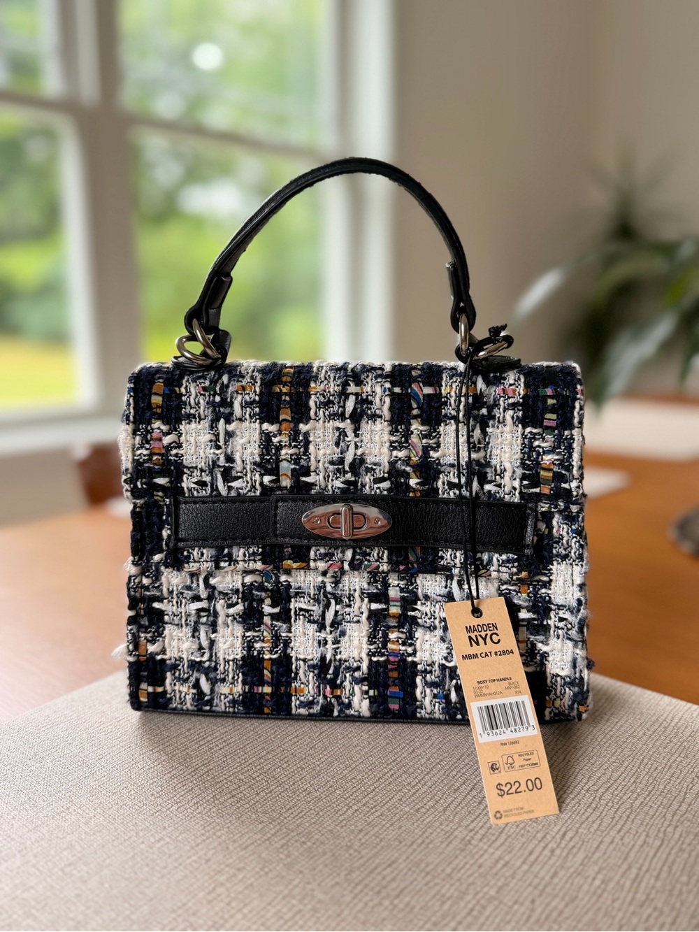 Madden NYC Tweed Mini Top-Handle Bag in Black & White